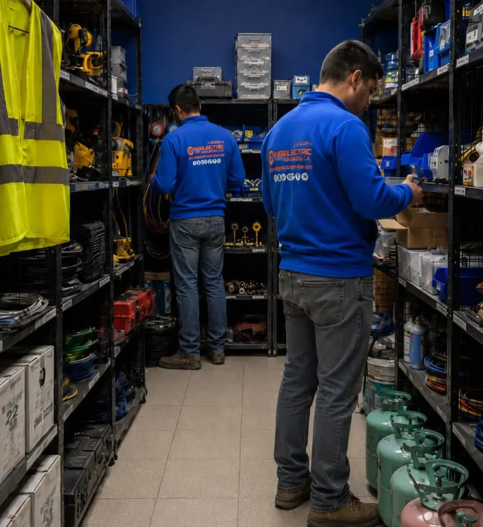 Ingelectric Service technician auditing high-quality industrial electrical supplies, including Legrand and Colson components, inside an inventory warehouse.